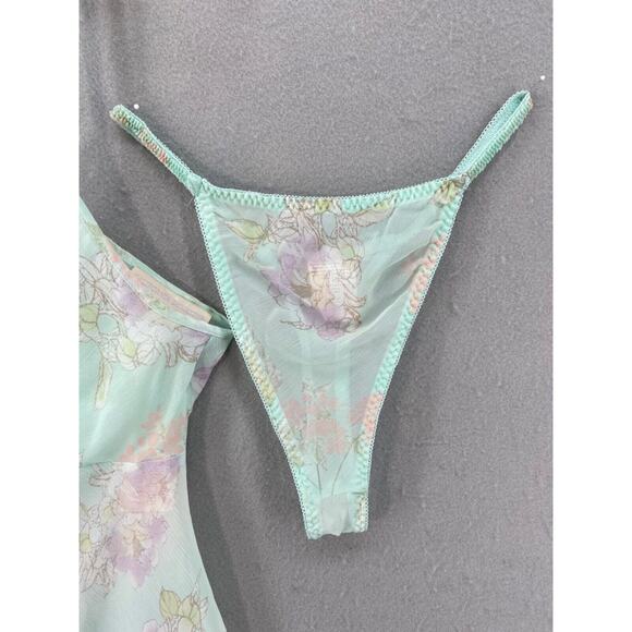 NWT California Dynasty Lingerie Sz L Teddy Thong Set Floral Green Fairy Romantic - Picture 3 of 13